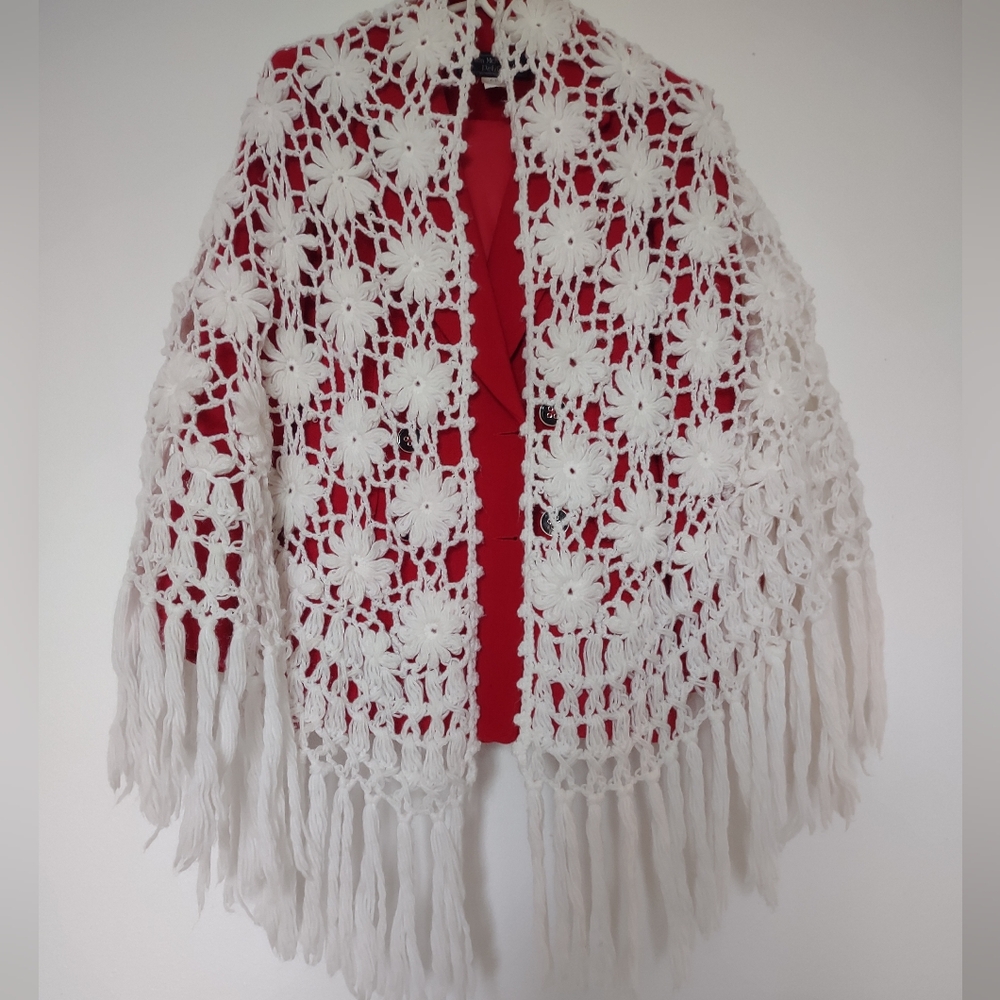 Handcrafted Crochet Knit Flower Fringe Wrap Shawl